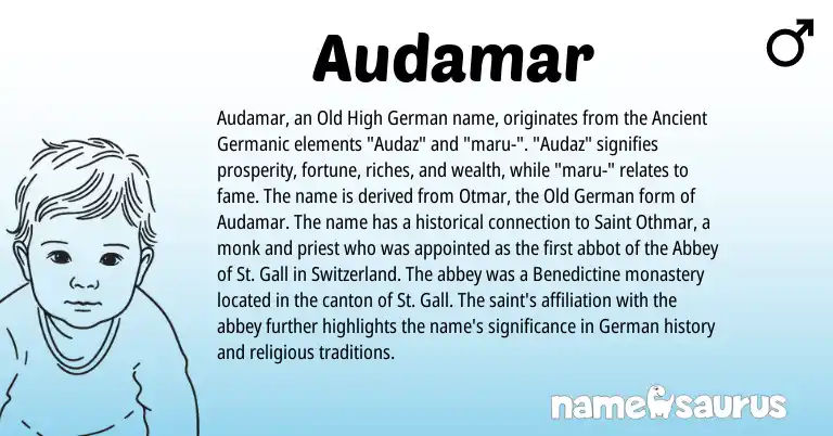 Infographic about Audamar name meaning, Audamar is a name from Old High German, German, Old German, Ancient Germanic origin(s).