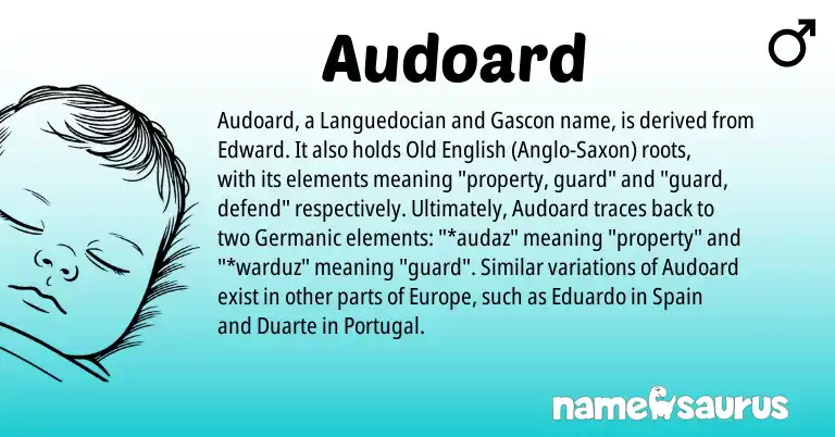 Infographic about Audoard name meaning, Audoard is a name from Portugal, Anglo-Saxon, Spain, Germanic, Gascon, Old English origin(s).
