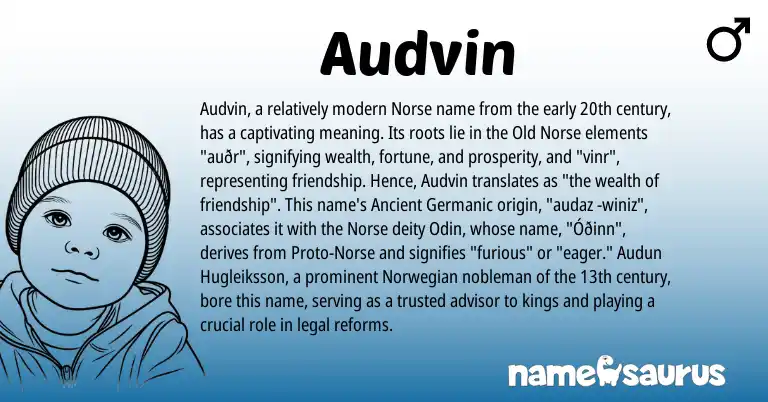 Infographic about Audvin name meaning, Audvin is a name from Norwegian, Old Norse, Ancient Germanic, Norse origin(s).