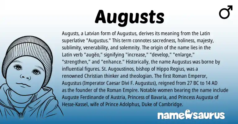 Infographic about Augusts name meaning, Augusts is a name from Roman, Austria, Latin, Latvian origin(s).