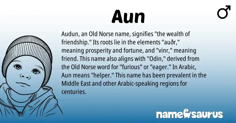 Infographic about Aun name meaning, Aun is a name from Old Norse, Middle East, Arabic origin(s).