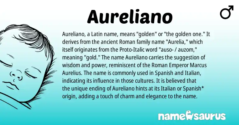 Infographic about Aureliano name meaning, Aureliano is a name from Roman, Spanish, Latin, Italian origin(s).