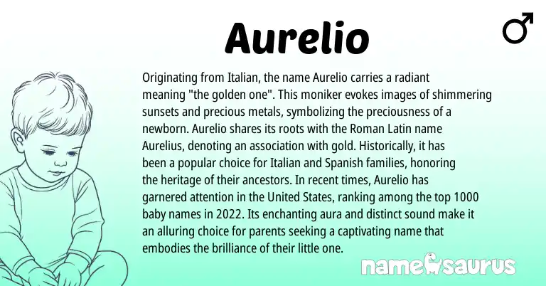 Infographic about Aurelio name meaning, Aurelio is a name from United States, Spanish, Roman, Latin, Italian origin(s).