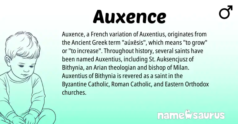 Infographic about Auxence name meaning, Auxence is a name from Ancient Greek, French, Roman origin(s).