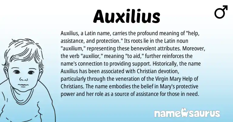 Infographic about Auxilius name meaning, Auxilius is a name from Latin origin(s).