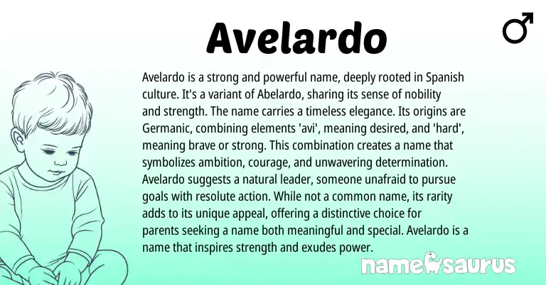 Infographic about Avelardo name meaning, Avelardo is a name from Germanic, Spanish origin(s).