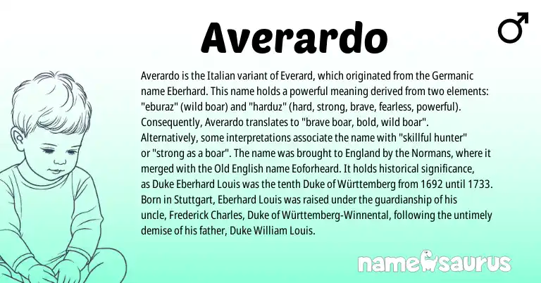 Infographic about Averardo name meaning, Averardo is a name from England, Old English, Germanic, Italian origin(s).