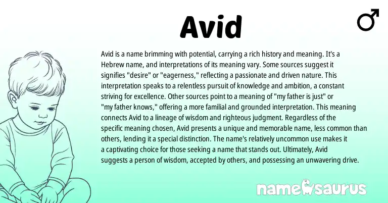 Infographic about Avid name meaning, Avid is a name from Arabic, Avestan, Persian, Hebrew origin(s).