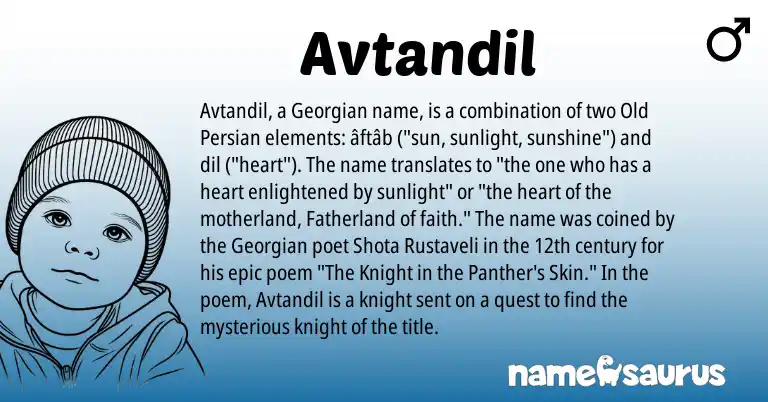 Infographic about Avtandil name meaning, Avtandil is a name from Georgian, Old Persian origin(s).