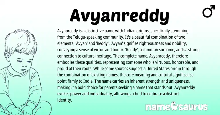 Infographic about Avyanreddy name meaning, Avyanreddy is a name from Indian origin(s).