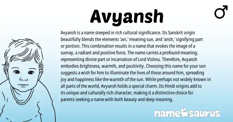 Infographic about Avyansh name meaning, Avyansh is a name from Indian, Sanskrit origin(s).