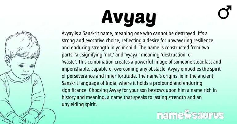Infographic about Avyay name meaning, Avyay is a name from Indian, Sanskrit origin(s).