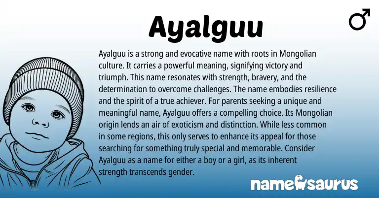 Infographic about Ayalguu name meaning, Ayalguu is a name from Mongolian origin(s).