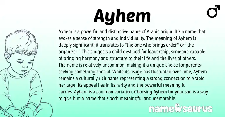 Infographic about Ayhem name meaning, Ayhem is a name from Arabic origin(s).