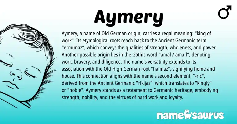 Infographic about Aymery name meaning, Aymery is a name from Old High German, Ancient Germanic, Germanic, Old German, Gothic origin(s).