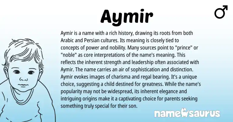 Infographic about Aymir name meaning, Aymir is a name from Turkish, Arabic origin(s).