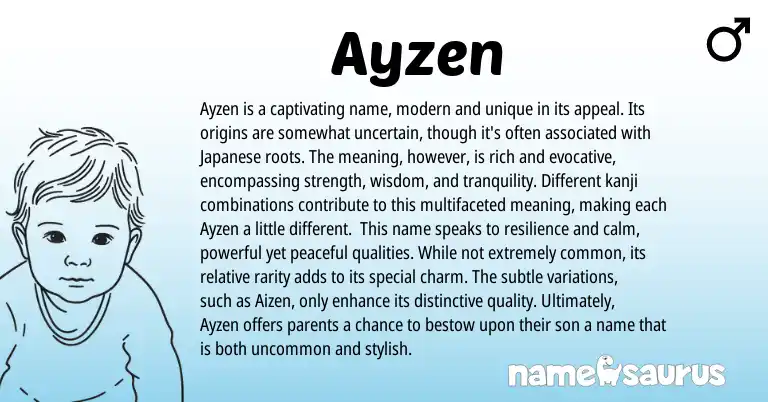Infographic about Ayzen name meaning, Ayzen is a name from Japanese origin(s).