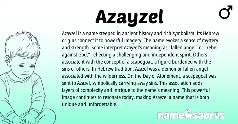 Infographic about Azayzel name meaning, Azayzel is a name from Hebrew origin(s).