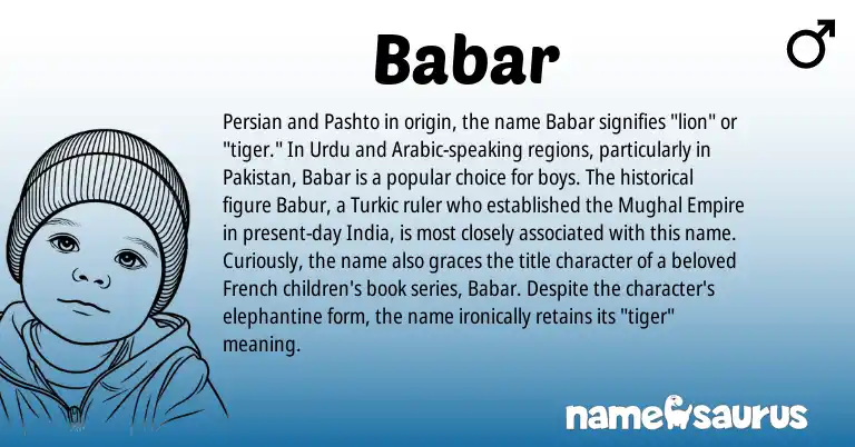 Infographic about Babar name meaning, Babar is a name from Urdu, French, Persian, Arabic, Pakistan, Pashto origin(s).