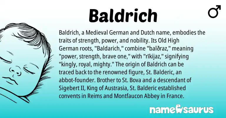 Infographic about Baldrich name meaning, Baldrich is a name from Old High German, Dutch, Medieval German origin(s).