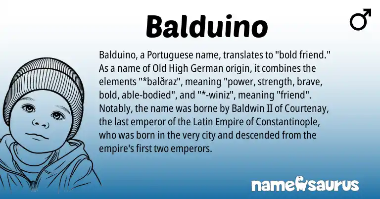 Infographic about Balduino name meaning, Balduino is a name from Old High German, Latin, Portuguese origin(s).