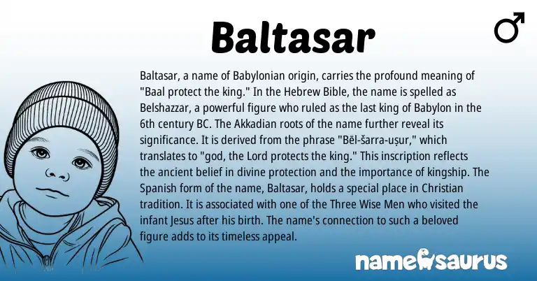 Infographic about Baltasar name meaning, Baltasar is a name from Akkadian, Babylonian, Spanish, Hebrew origin(s).
