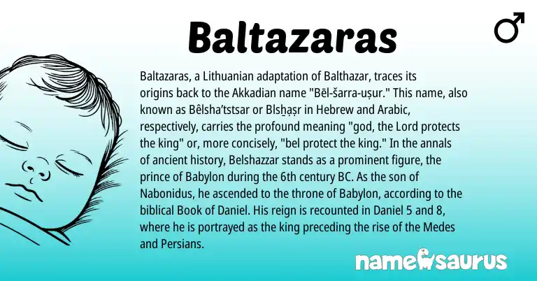 Infographic about Baltazaras name meaning, Baltazaras is a name from Lithuanian, Akkadian, Arabic, Hebrew origin(s).