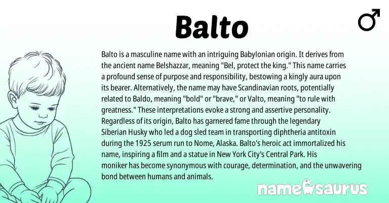 Infographic about Balto name meaning, Balto is a name from Scandinavian, Babylonian origin(s).