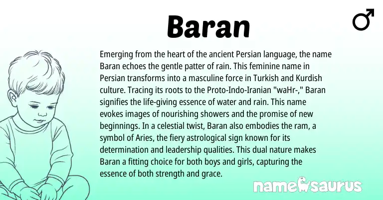 Infographic about Baran name meaning, Baran is a name from Iranian, Persian, Turkish, Kurdish origin(s).