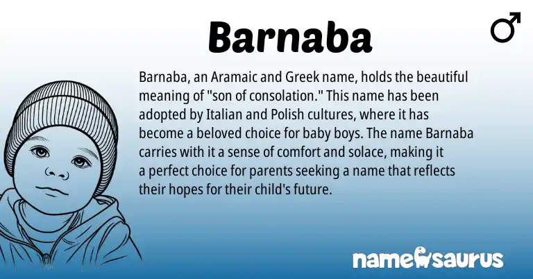 Infographic about Barnaba name meaning, Barnaba is a name from Aramaic, Polish, Italian, Greek origin(s).