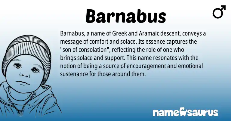Infographic about Barnabus name meaning, Barnabus is a name from Aramaic, Greek origin(s).