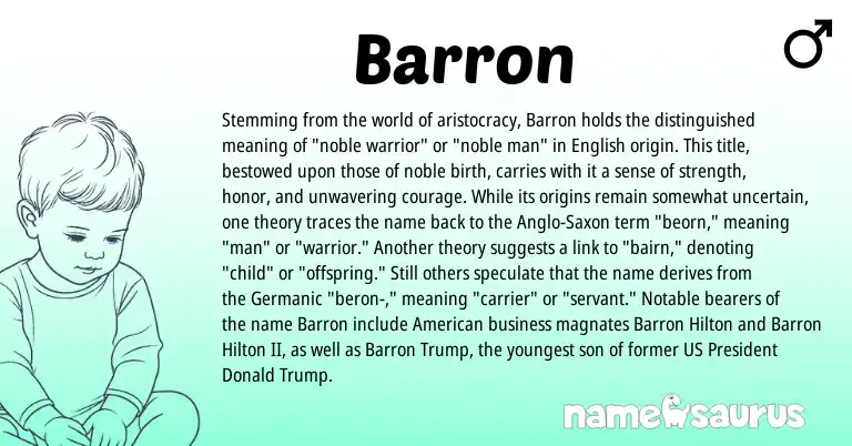 Infographic about Barron name meaning, Barron is a name from English, Germanic, American, Anglo-Saxon origin(s).