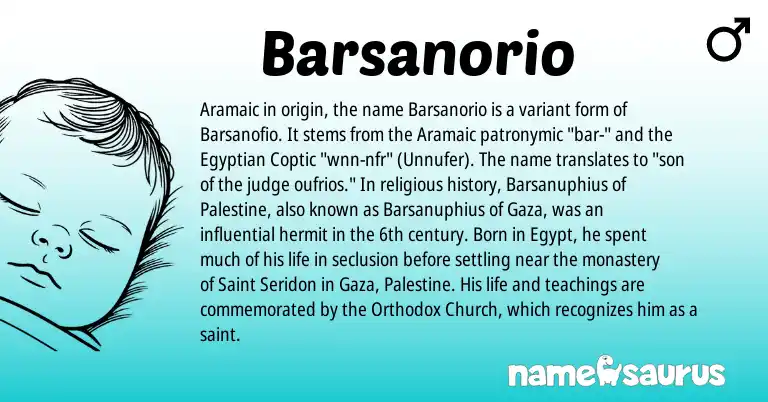 Infographic about Barsanorio name meaning, Barsanorio is a name from Aramaic, Coptic, Palestine, Egyptian origin(s).