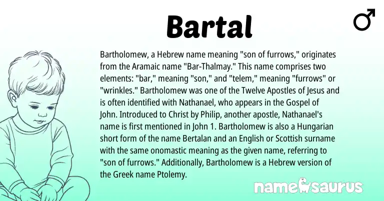 Infographic about Bartal name meaning, Bartal is a name from English, Aramaic, Hungarian, Greek, Scottish, Hebrew origin(s).
