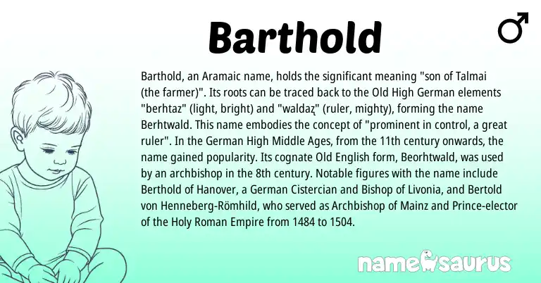 Infographic about Barthold name meaning, Barthold is a name from Old High German, Old English, Aramaic, Roman, German origin(s).