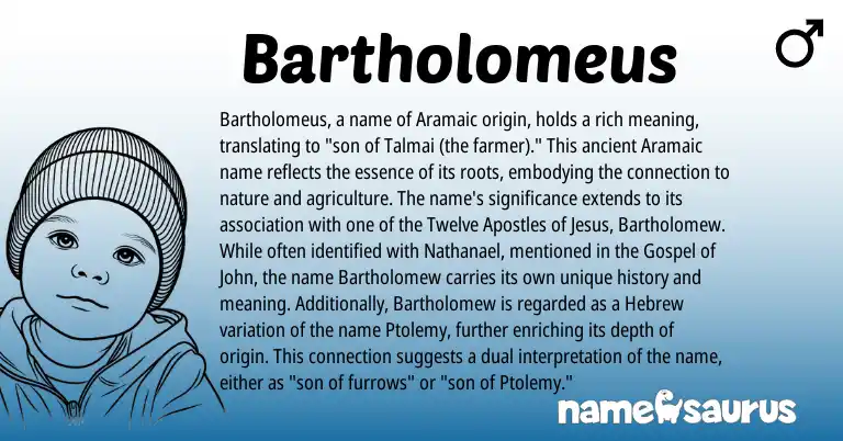 Infographic about Bartholomeus name meaning, Bartholomeus is a name from Aramaic, Hebrew origin(s).