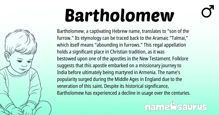 Infographic about Bartholomew name meaning, Bartholomew is a name from Aramaic, Folklore, Hebrew, England origin(s).