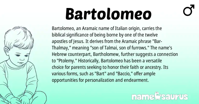 Infographic about Bartolomeo name meaning, Bartolomeo is a name from Aramaic, Hebrew, Italian origin(s).