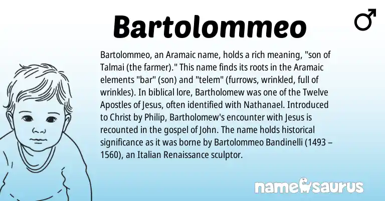 Infographic about Bartolommeo name meaning, Bartolommeo is a name from Aramaic, Italian origin(s).