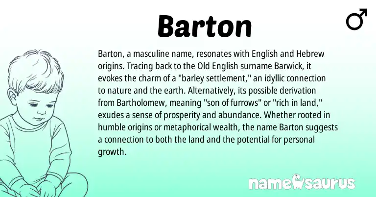 Infographic about Barton name meaning, Barton is a name from Old English, English, Hebrew origin(s).