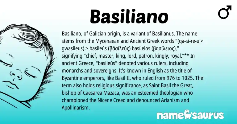 Infographic about Basiliano name meaning, Basiliano is a name from Galician, English, Ancient Greek, Greece origin(s).