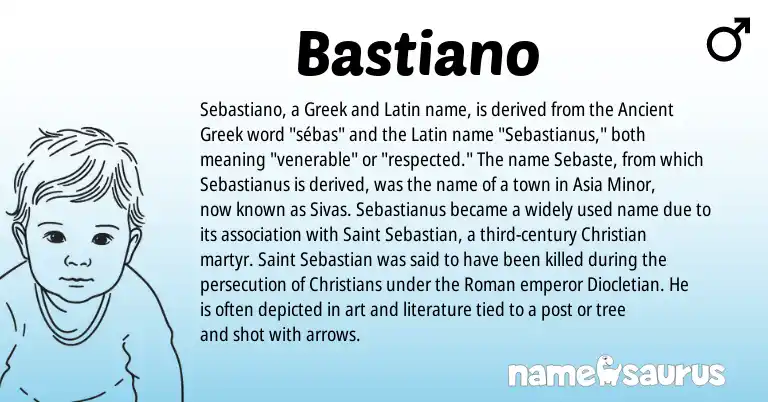 Infographic about Bastiano name meaning, Bastiano is a name from Roman, Ancient Greek, Latin, Greek origin(s).