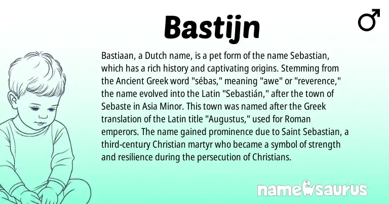 Infographic about Bastijn name meaning, Bastijn is a name from Ancient Greek, Roman, Latin, Greek, Dutch origin(s).