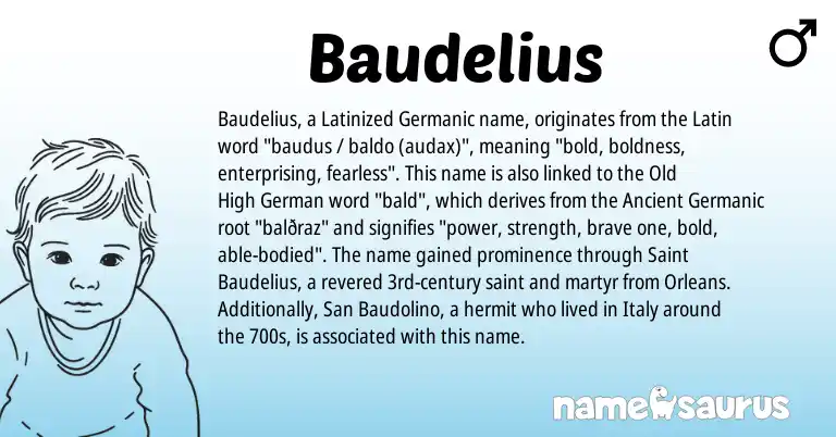 Infographic about Baudelius name meaning, Baudelius is a name from Old High German, Germanic, Latin, Ancient Germanic origin(s).