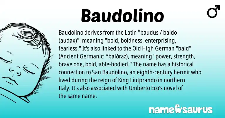 Infographic about Baudolino name meaning, Baudolino is a name from Old High German, Latin, Ancient Germanic origin(s).