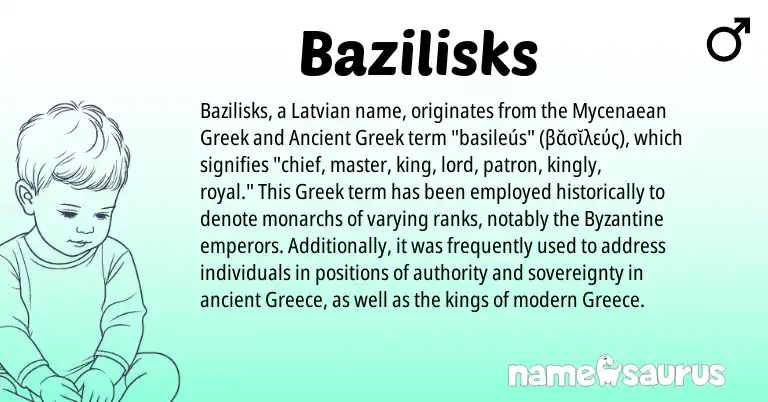 Infographic about Bazilisks name meaning, Bazilisks is a name from Ancient Greek, Greece, Latvian, Greek origin(s).