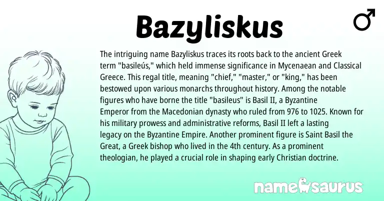 Infographic about Bazyliskus name meaning, Bazyliskus is a name from Greece, Macedonian, Greek origin(s).