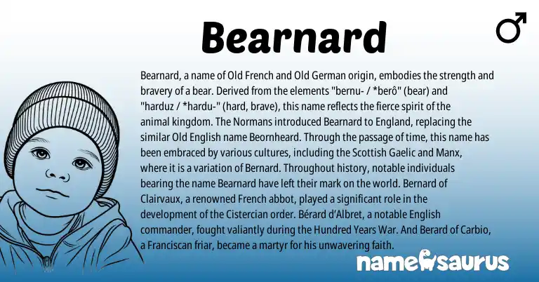 Infographic about Bearnard name meaning, Bearnard is a name from Manx, English, Old French, England, Gaelic, French, Old German, Old English, Scottish origin(s).