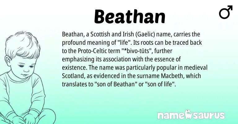 Infographic about Beathan name meaning, Beathan is a name from Irish, Gaelic, Scottish, Proto-Celtic origin(s).