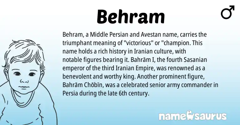 Infographic about Behram name meaning, Behram is a name from Iranian, Avestan, Middle Persian origin(s).